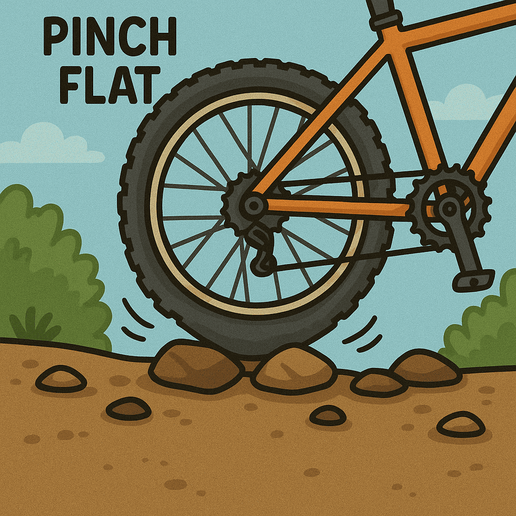 Dirt bike wheel hitting rocks on off-road trail.