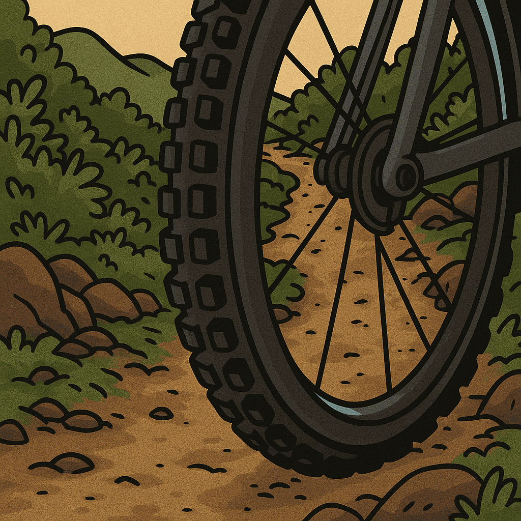 Mountain bike wheel on dirt trail in wooded landscape.