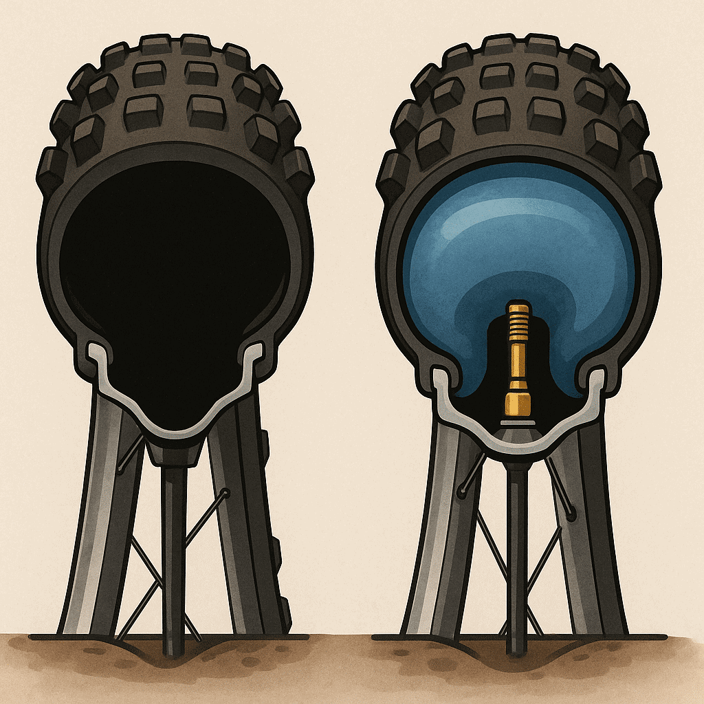 Tire with cross-section showing inner cavity and valve stem for mountain bike or off-road vehicle.