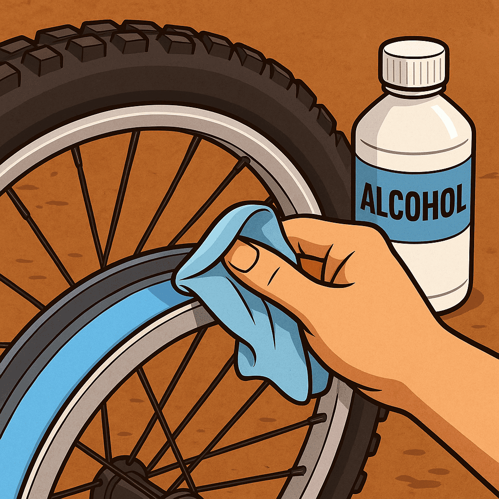Wheel cleaning with alcohol wipe for bicycle maintenance.