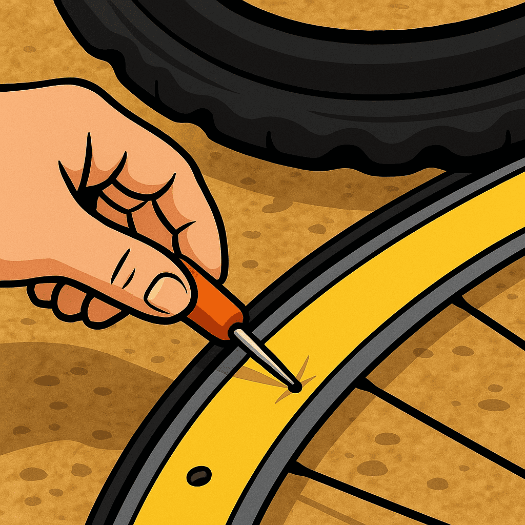 Hand with pencil repairing bicycle tire, flat tire repair, bicycle maintenance fall fix, cycling, tire patching, bike repair kit, roadside bike fix, flat tire repair, bicycle maintenance kit, bike patching process.