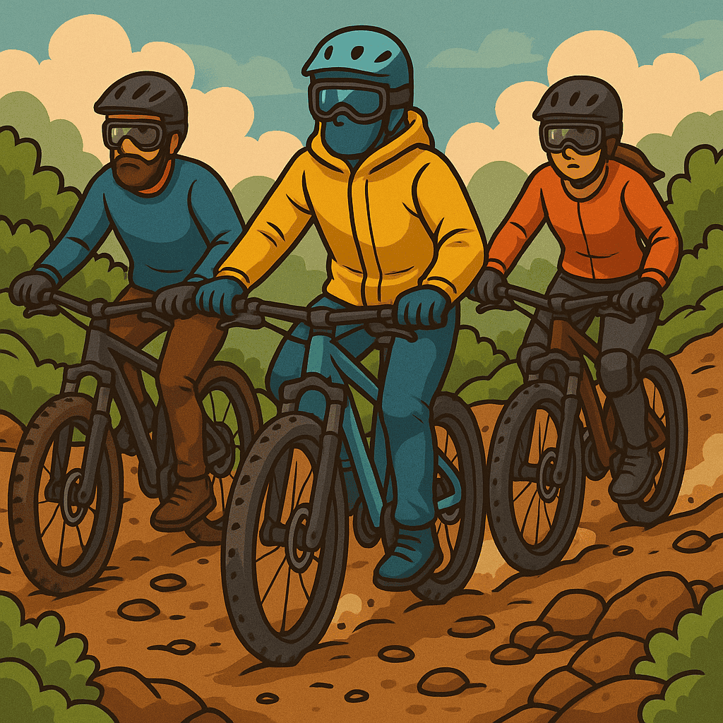 Mountain biking adventure with three cyclists on rocky trail in outdoor setting.