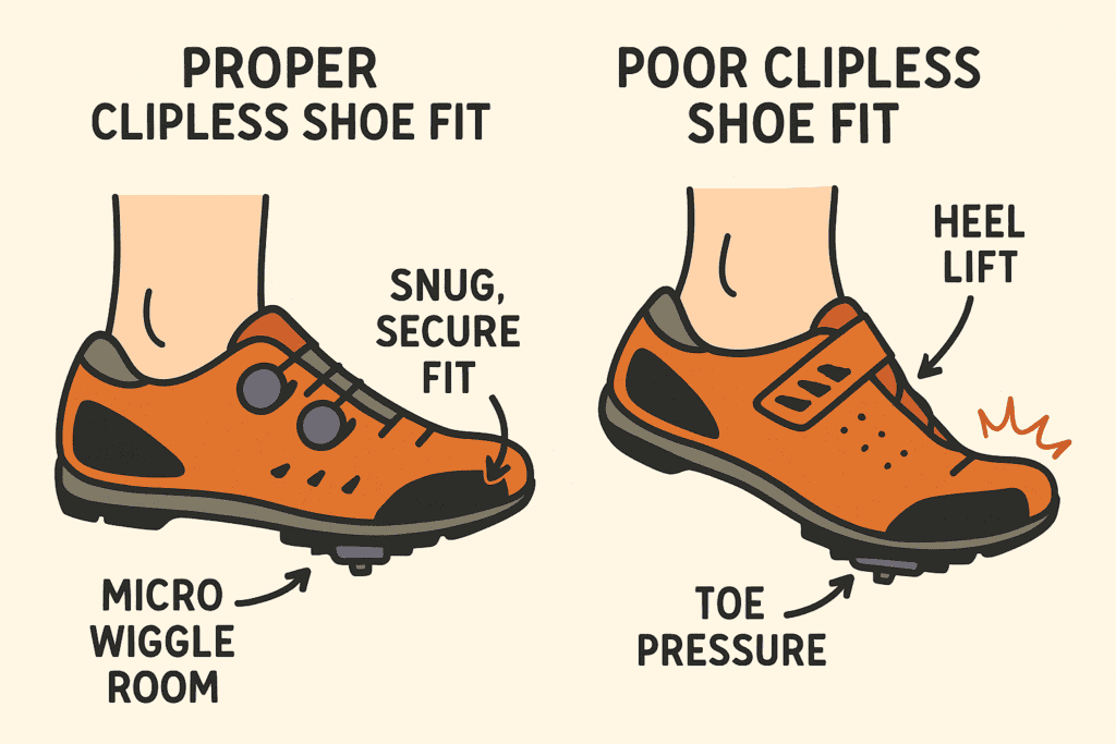 Proper clipless cycling shoe fit for secure and snug comfort, with heel lift and toe pressure considerations.