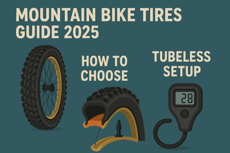Mountain bike tire with digital pressure gauge for tubeless setup illustration.