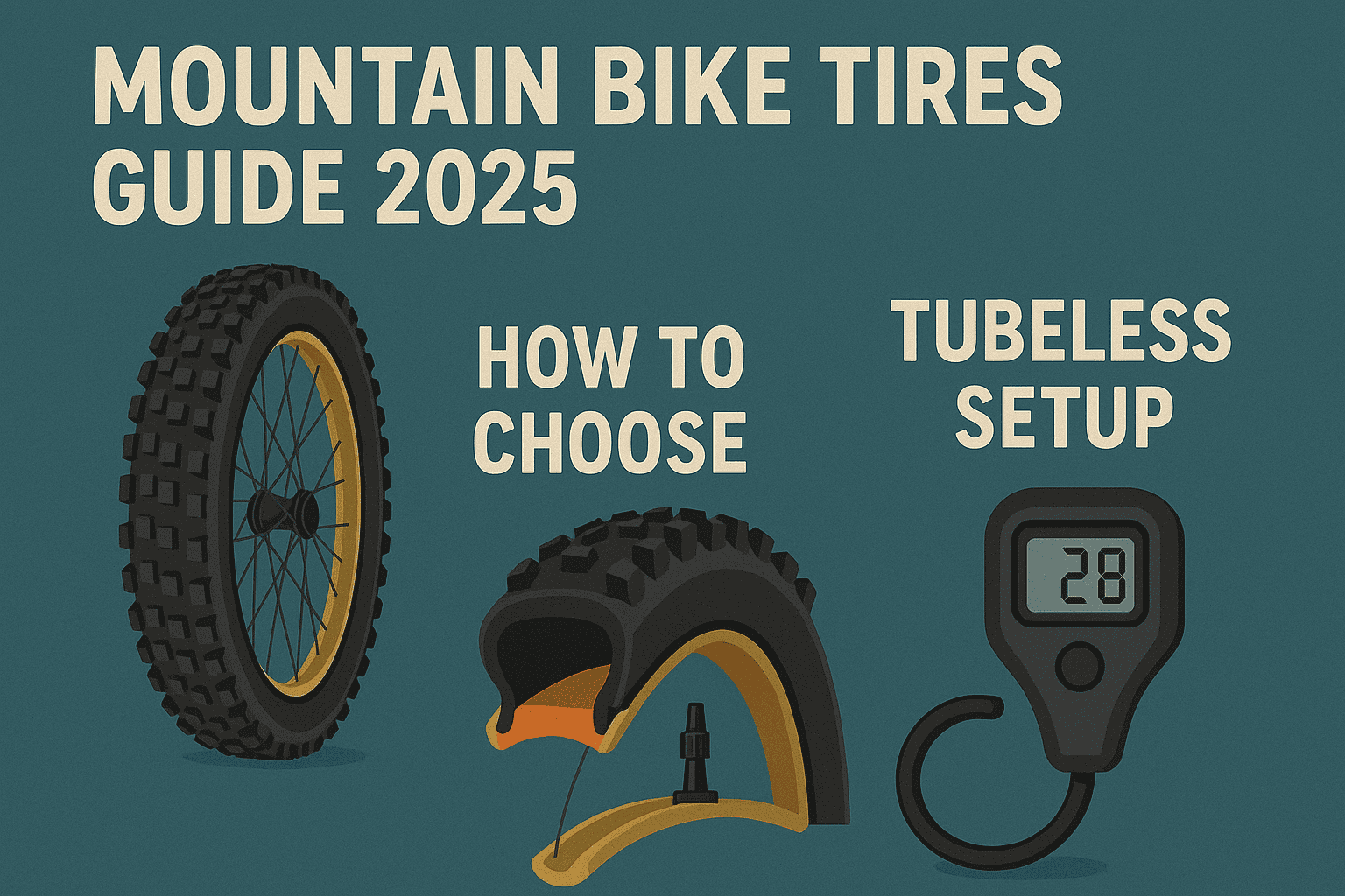 Mountain bike tire with digital pressure gauge for tubeless setup illustration.
