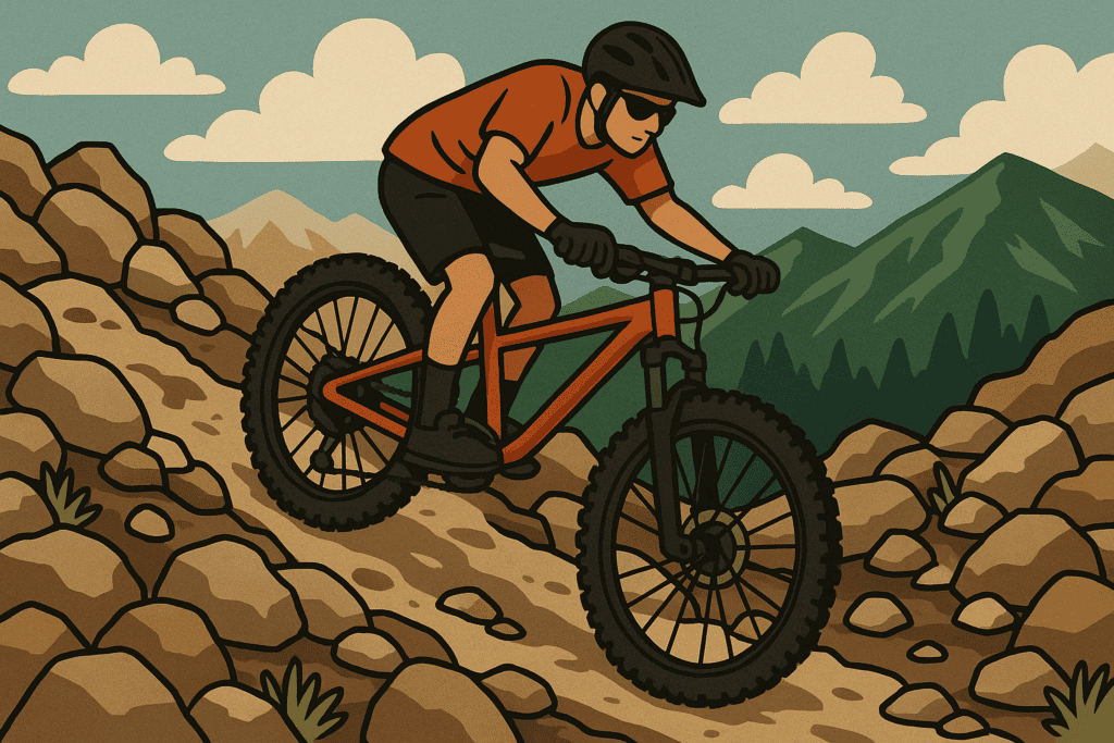 Mountain biking on rugged rocky trail in scenic mountain landscape with blue sky and clouds.