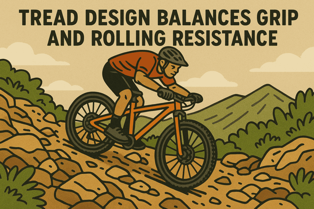 Mountain biking on rocky trail with mountain scenery and clear sky, outdoor adventure, durable bike tires, off-road cycling, sporting activity, mountain trail, rugged terrain, cycling gear, outdoor recreation, sports equipment.