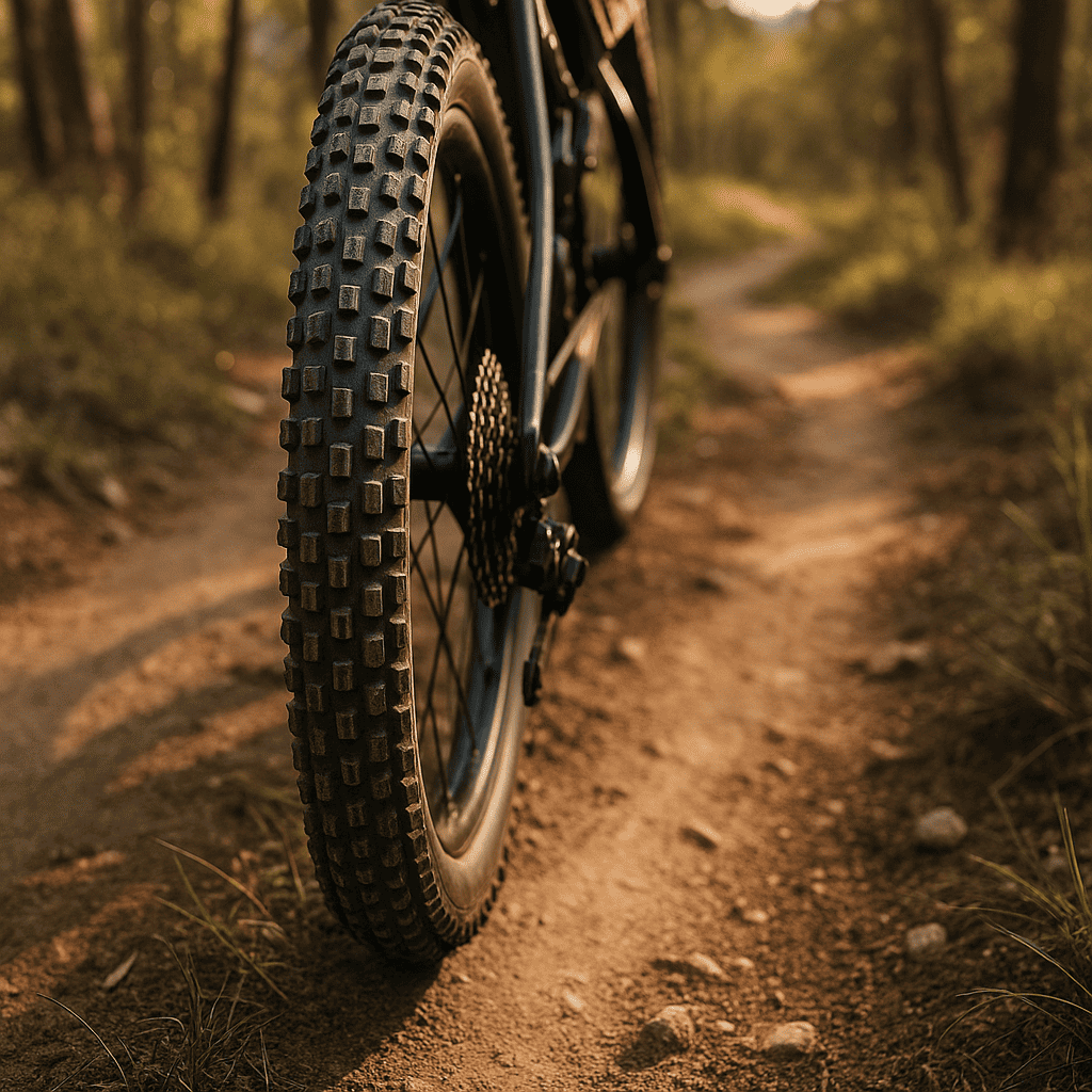 Tire close-up on mountain bike on rugged forest trail during sunset.