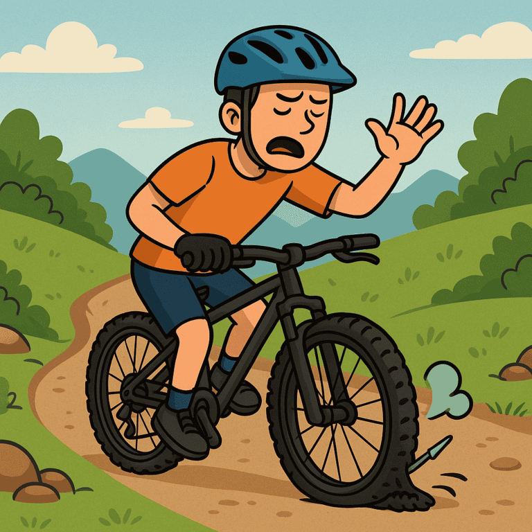 Mountain biking accident, cyclist fall, saddle, hand gesture, dirt trail, outdoor adventure, could be blurry or damaged image, adventure sports, biking mishap, outdoor activity, terrain damage, rough trail, green landscape, cycling challenge, riding difficult terrain.