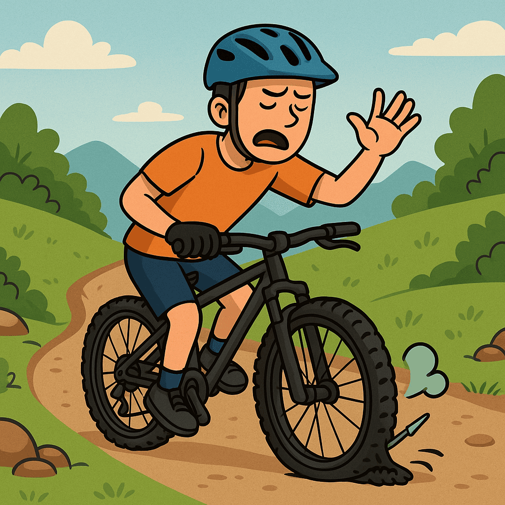 Mountain biking accident, cyclist fall, saddle, hand gesture, dirt trail, outdoor adventure, could be blurry or damaged image, adventure sports, biking mishap, outdoor activity, terrain damage, rough trail, green landscape, cycling challenge, riding difficult terrain.