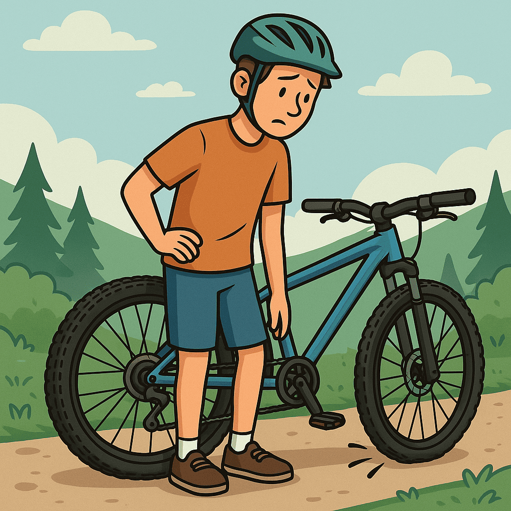 Broken bicycle with a boy holding his side in a forest setting, illustrating bicycle accident or injury.