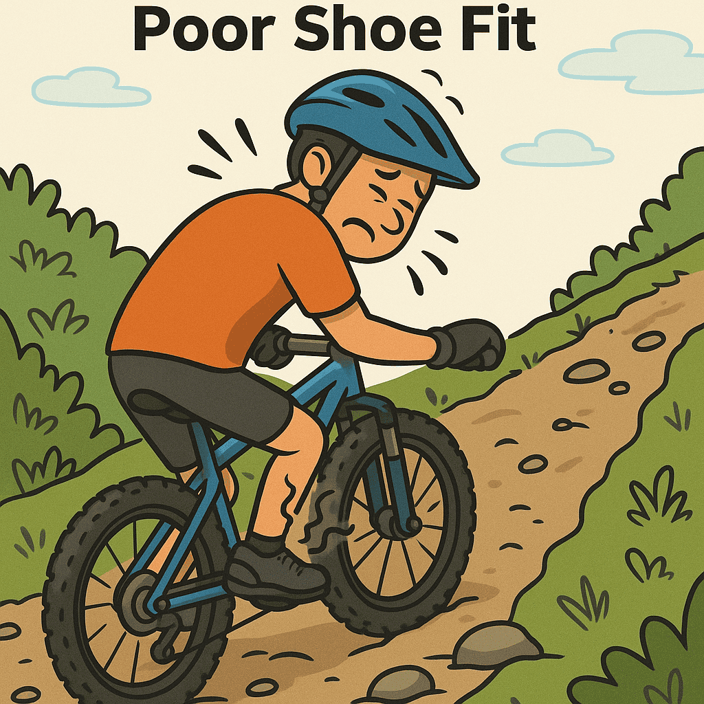 Struggling cyclist with poor shoe fit on mountain trail, feeling discomfort while mountain biking outdoors.