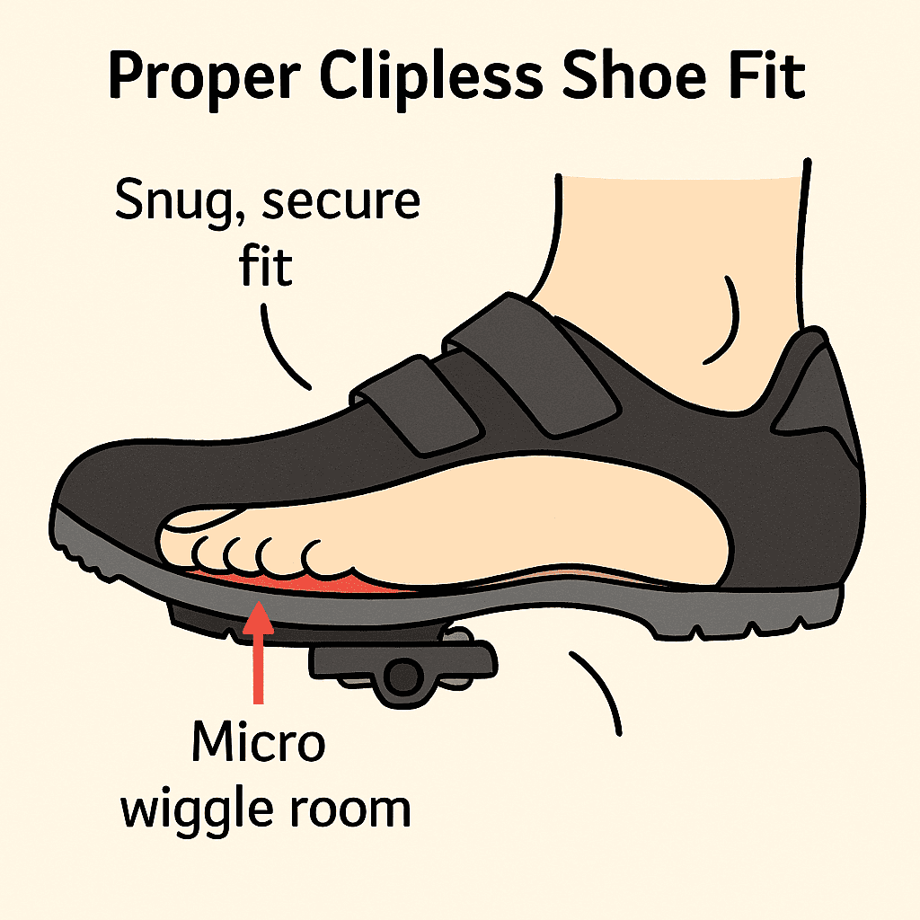 Comfortable clipless cycling shoe for secure fit and micro wiggle room.