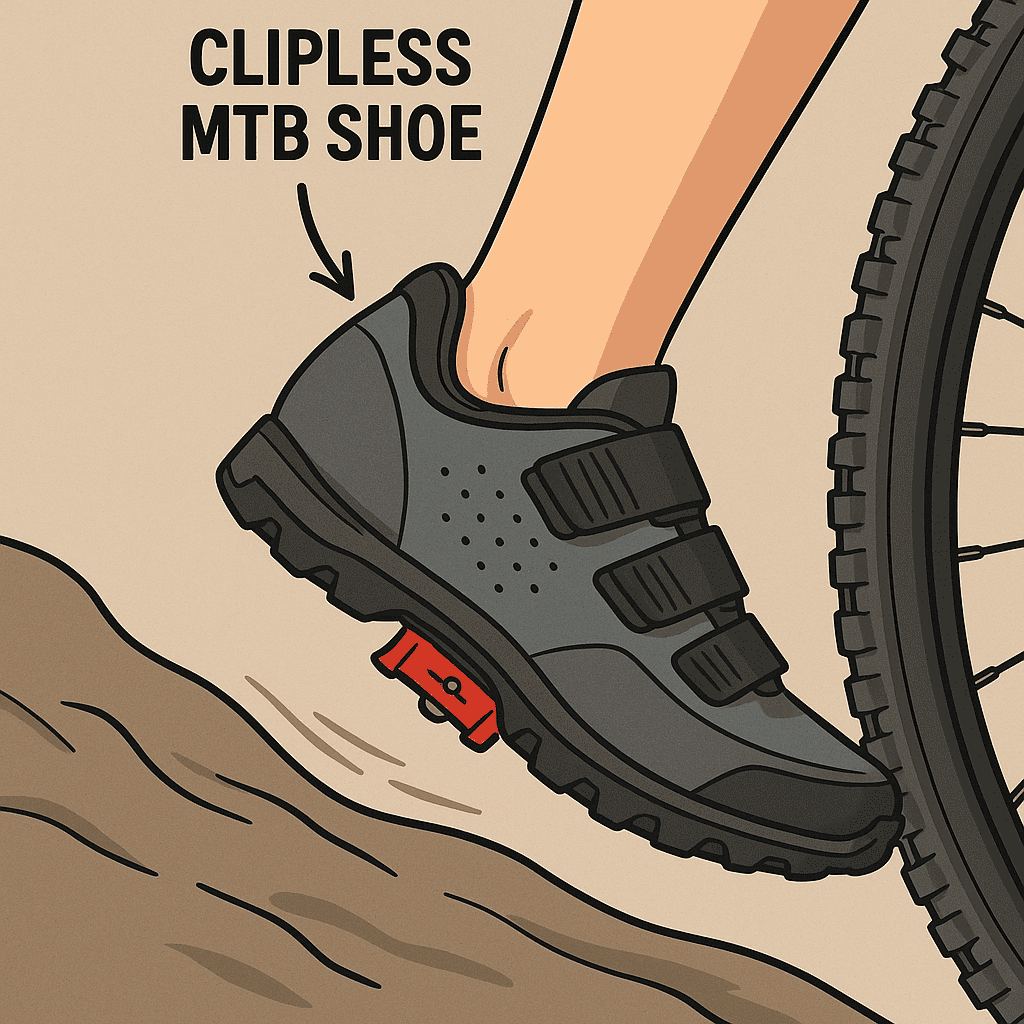 Clipless MTB shoe, cycling footwear with easy clipless pedal attachment, mountain biking shoe, athletic sports gear, indoor and outdoor cycling shoe.