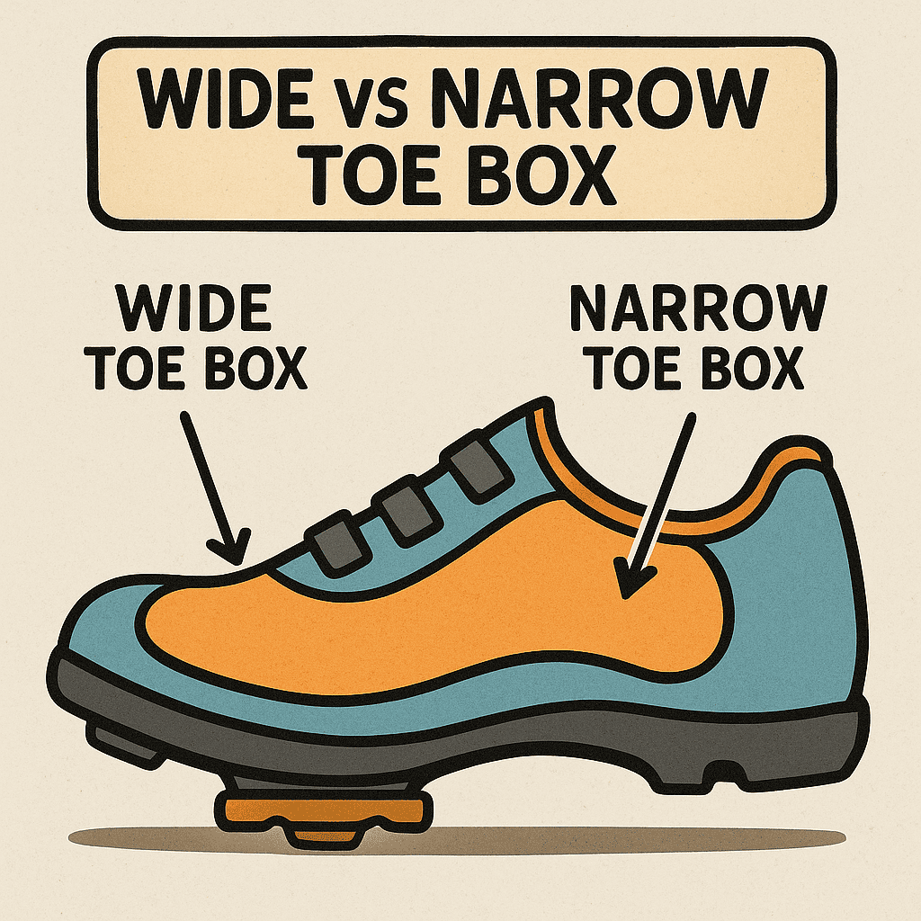 Wide vs narrow toe box shoe comparison illustration.