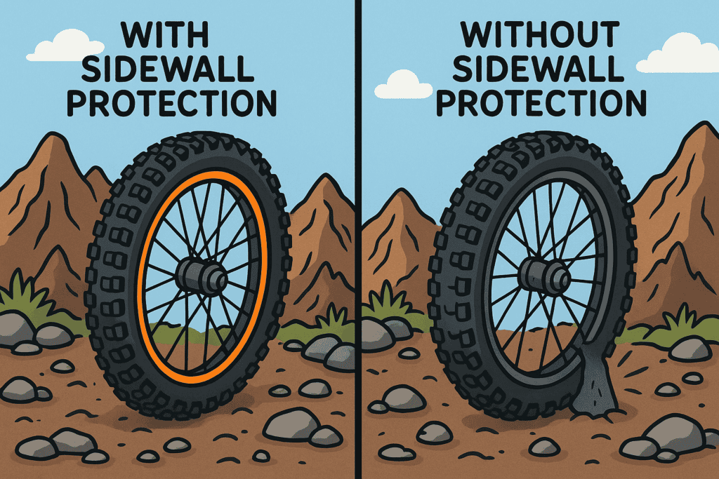 Bike wheel with and without sidewalk protection, mountain landscape illustration.
