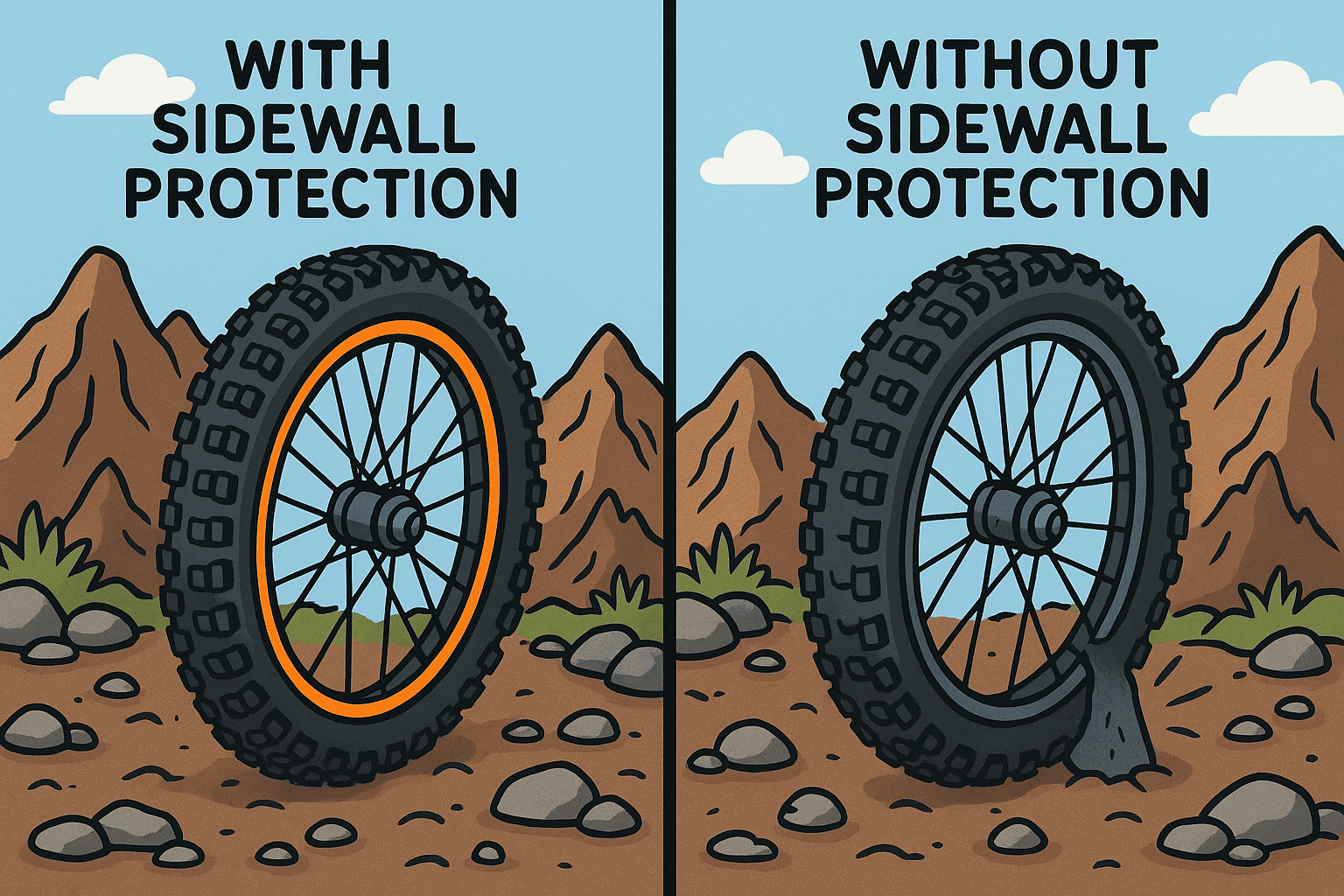 Bike wheel with and without sidewalk protection, mountain landscape illustration.