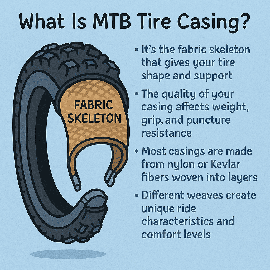 Tire casing with fabric skeleton illustration for mountain biking, showing construction layers and support features.