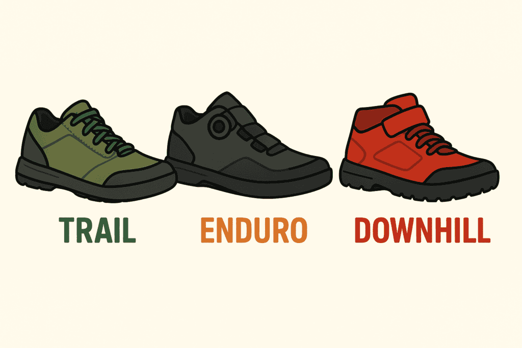 Trail running shoes illustration, enduro, downhill footwear options for outdoor sports and trail adventures.