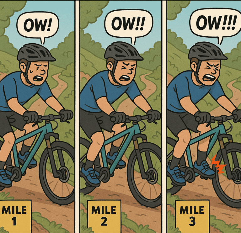 Bike race injury warning cartoon, cyclist falling off bike on trail, comic comic injury, humorous bike accident, cartoon bike mishap, bike accident warning sign.