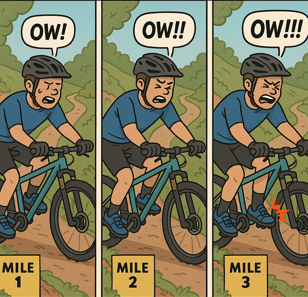 Bike race injury warning cartoon, cyclist falling off bike on trail, comic comic injury, humorous bike accident, cartoon bike mishap, bike accident warning sign.