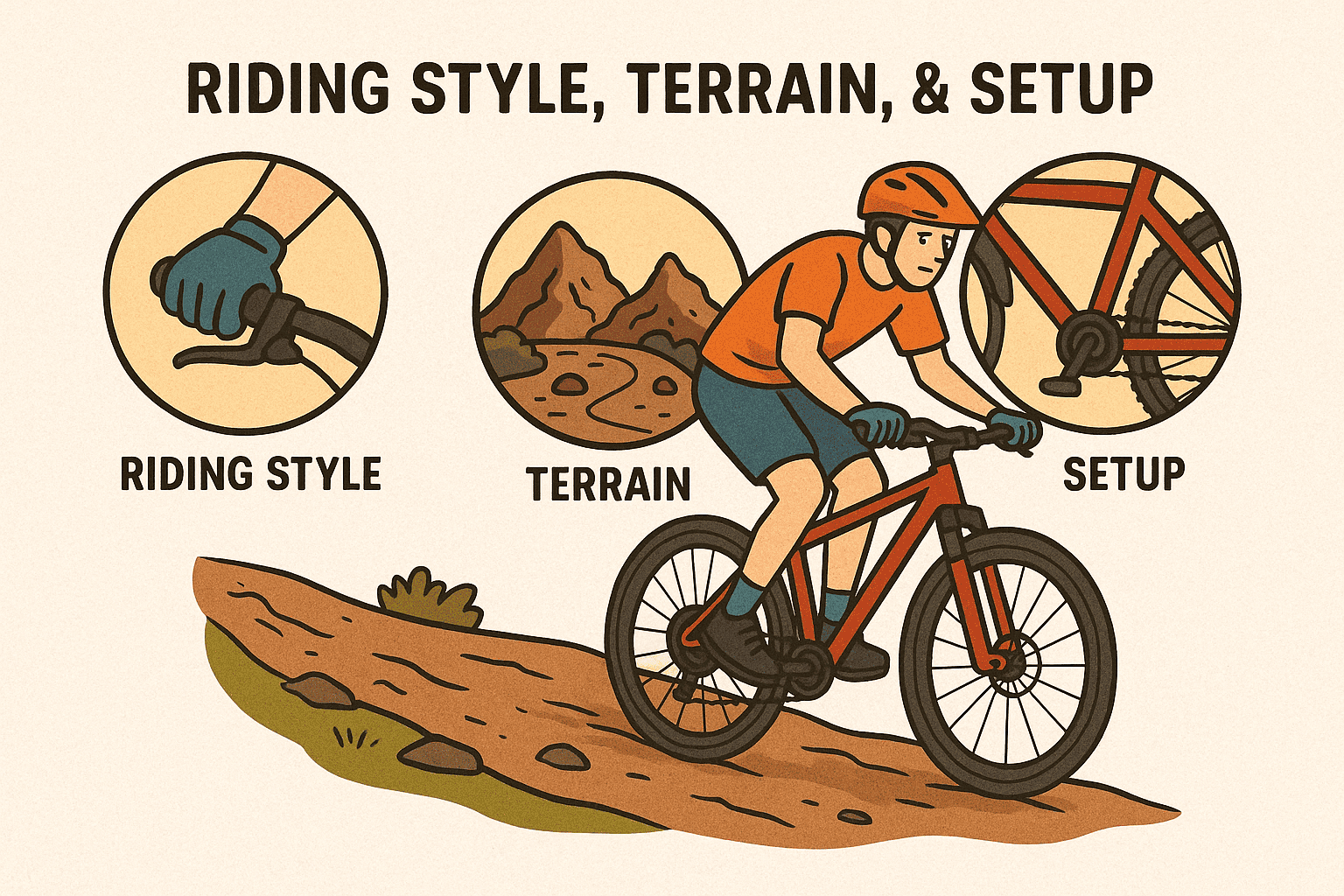 Riding bike on trail, mountain biking, cycling setup, outdoor adventure, off-road riding, trail biking, bicycle sports, mountain trail biking.