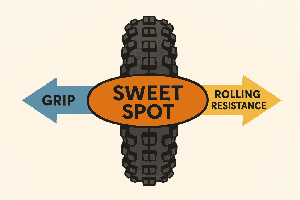 Gear tire with grip, sweet spot, rolling resistance infographic, bicycle performance, cycling physics, traction and efficiency.