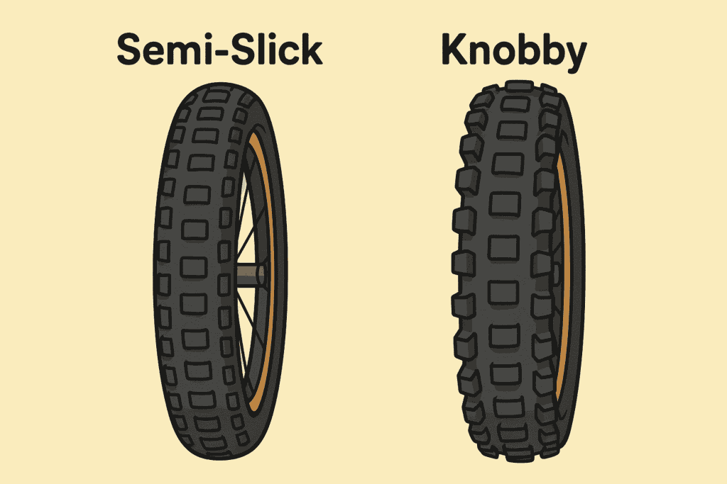 Tire with semi-slick tread pattern compared to knobby tire for mountain biking or off-road cycling.