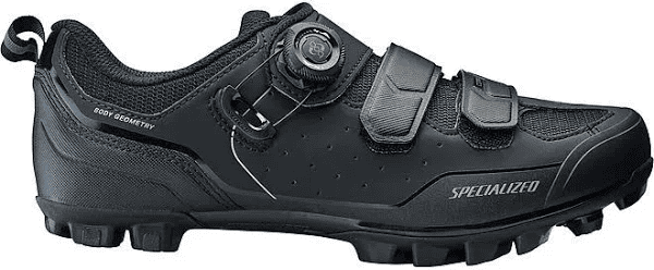 Lightweight black Specialized cycling shoe with adjustable straps and BOA dial for optimal fit.