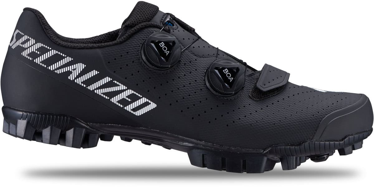 High-performance black cycling shoe with BOA dial closures and durable outsole for MTB riding.