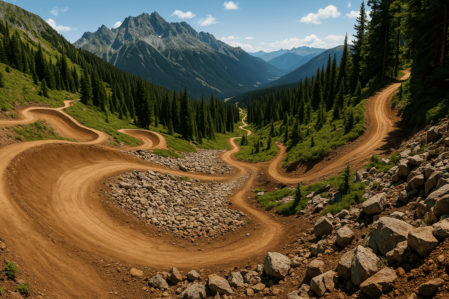 Winding mountain dirt road through lush green forest and rugged mountain landscape in daylight.