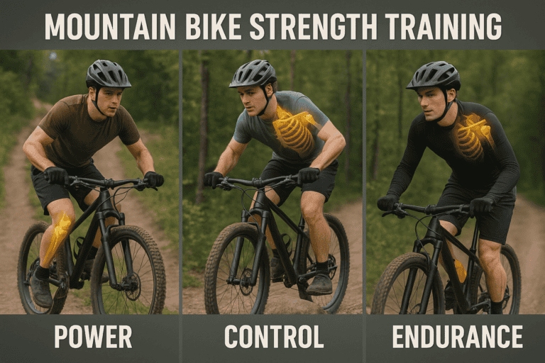 Mountain biker with highlighted skeleton showing muscle engagement during training, in forest trail, emphasizing endurance and strength training for cyclists.