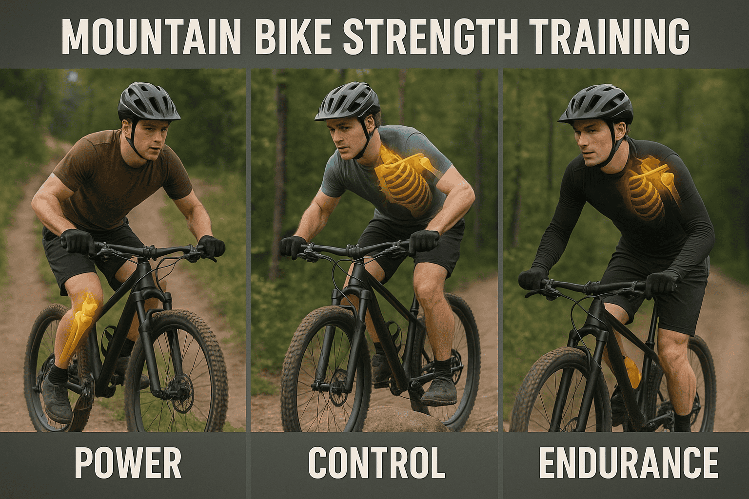 Mountain biker with highlighted skeleton showing muscle engagement during training, in forest trail, emphasizing endurance and strength training for cyclists.
