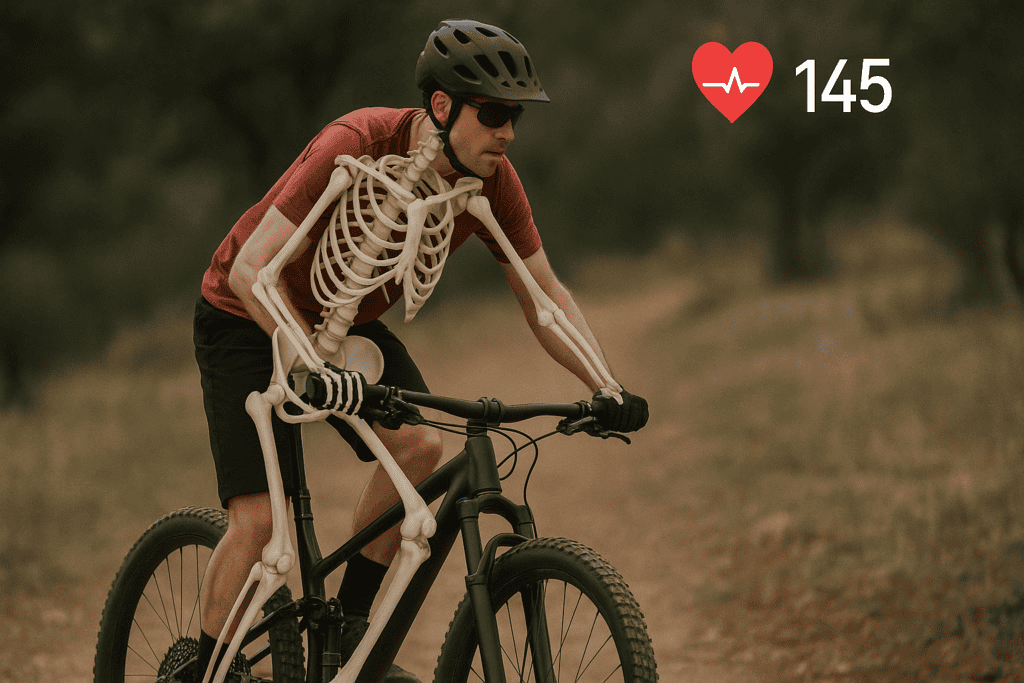 Skeleton figure riding mountain bike on trail, symbolizing health and fitness.