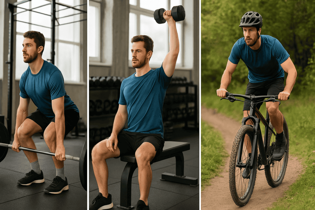 Lifting weights in gym, strength training, indoor workout, muscular fitness, athletic exercise.