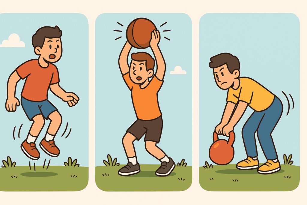 Jumping child playing football and lifting weights exercise, healthy outdoor activity for kids.