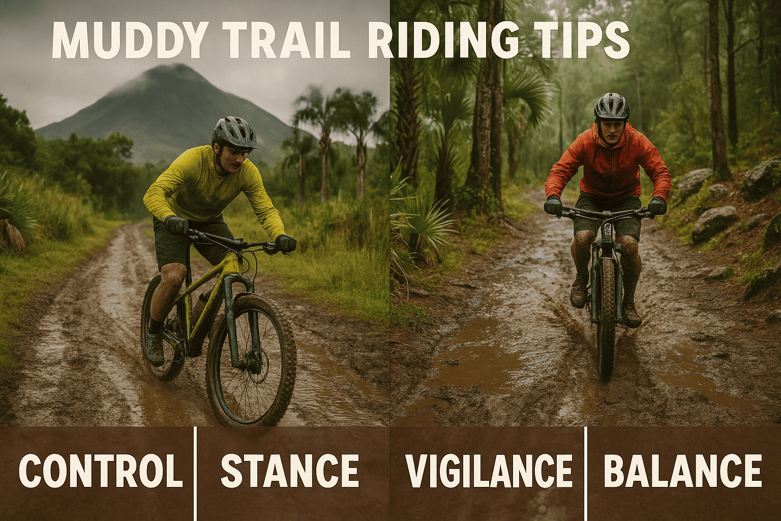 Muddy trail riding tips for control, stance, vigilance, and balance on rough terrain.