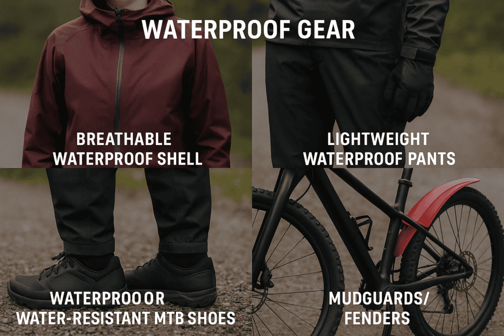 Waterproof gear for outdoor activities, waterproof shell, lightweight waterproof pants, MTB shoes, mudguards.