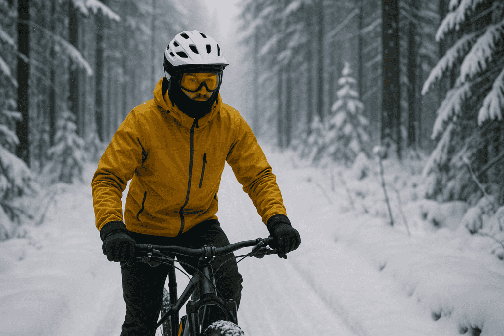 Snowy forest trail with a mountain biker in a yellow jacket and helmet, winter landscape, off-road cycling, adventure biking in snow, outdoor sports outdoor activity.