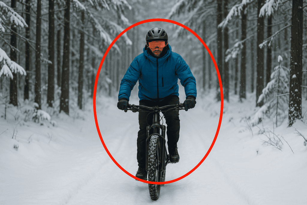 Bike rider in snowy forest wearing helmet and cold-weather gear.