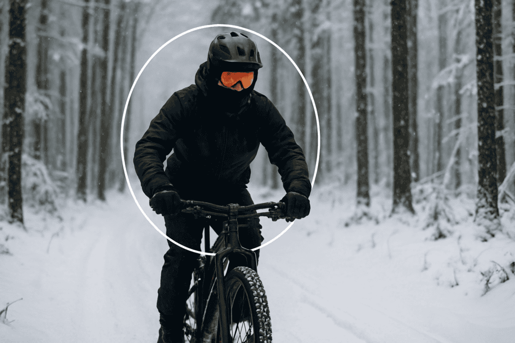 Snowy mountain biking adventure with a cyclist wearing protective gear in a winter forest environment.