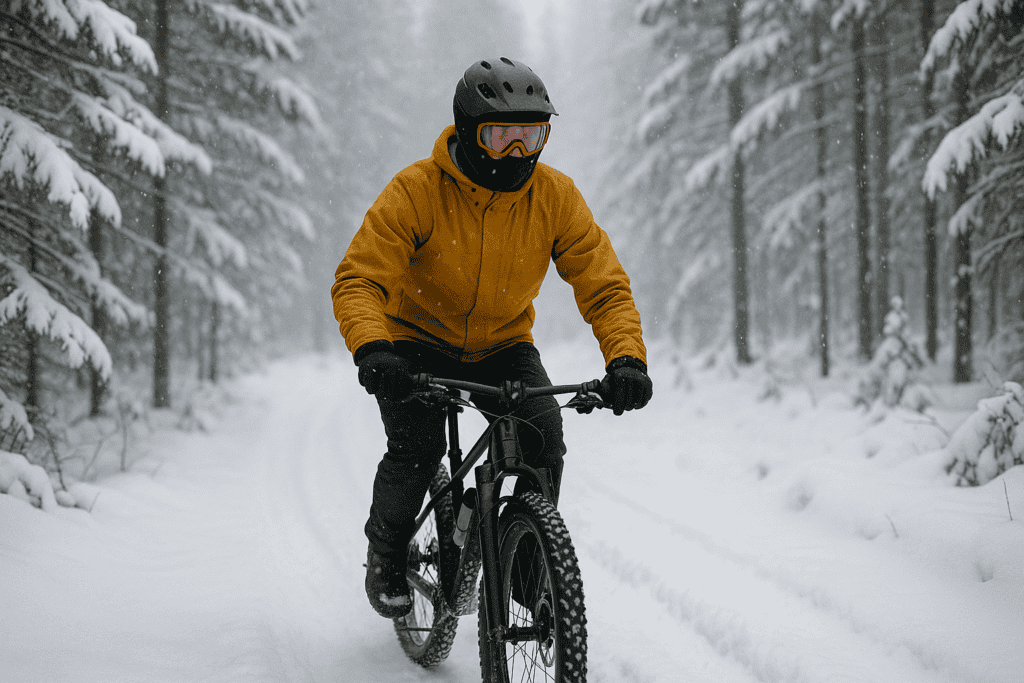 Mountain biker riding a snow-covered trail in winter forest outdoor adventure.