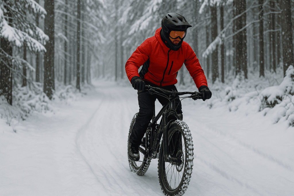Rider in red jacket mountain biking on snowy forest trail with winter landscape.