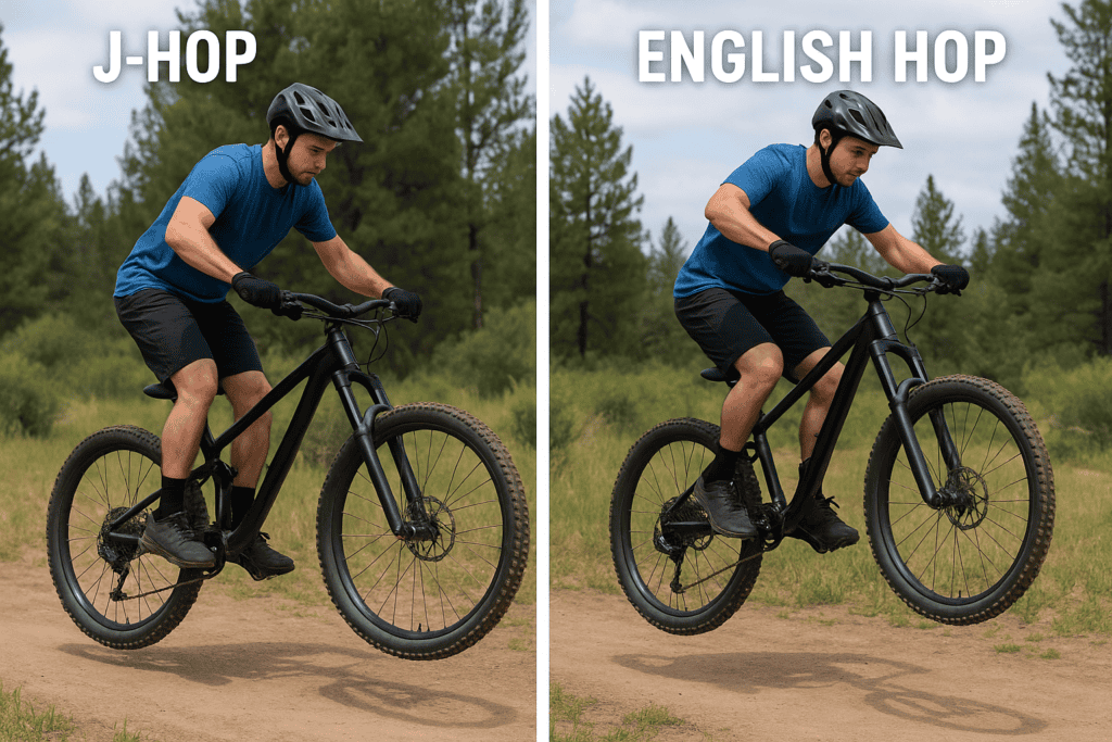 Mountain biking man riding black bike outdoors.