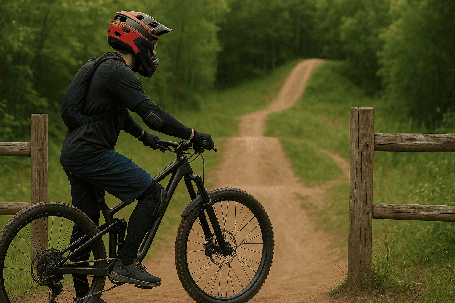 Adventure mountain biking on scenic forest trails, wearable protective gear.