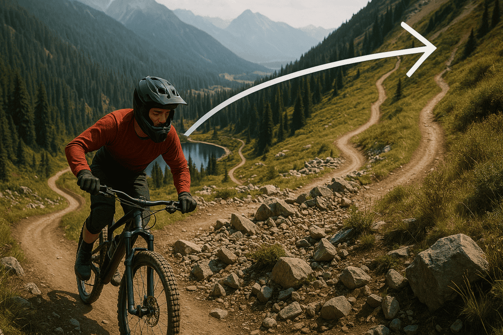 Mountain biking on rocky trail in scenic mountain landscape with river and evergreens, adventure outdoor sports, rider in helmet and gear.