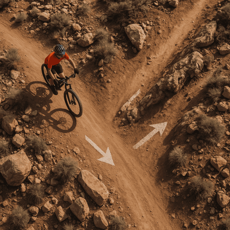 Bike rider navigating desert trail with rocky terrain and directional markers.