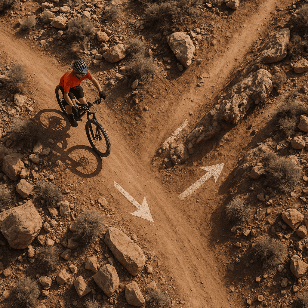 Bike rider navigating desert trail with rocky terrain and directional markers.