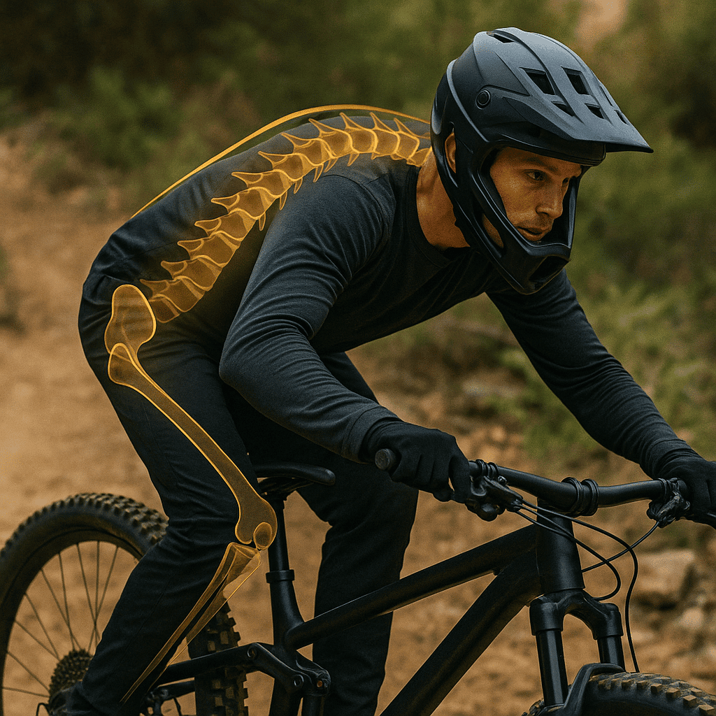 Skateboarder wearing a helmet riding mountain bike on trail with spine anatomy overlay, outdoor landscape, action shot, safety gear, adventurous biking, mountain trail biking.