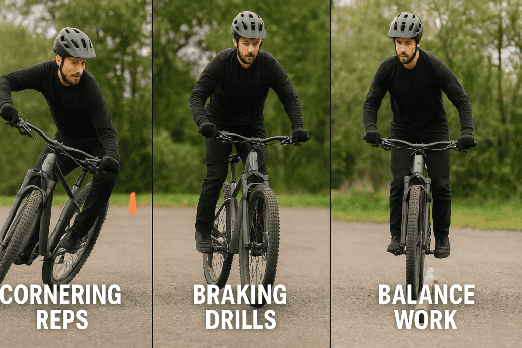 Bike rider performing cornering exercises outdoors.